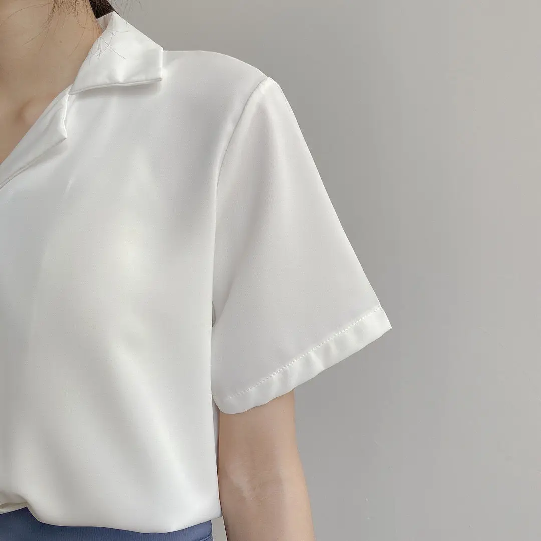 Women Summer Elegant Solid Chiffon Blouses Casual Turn Down Collar Short Sleeve Loose Shirts Korean Chic Top Female Tunic