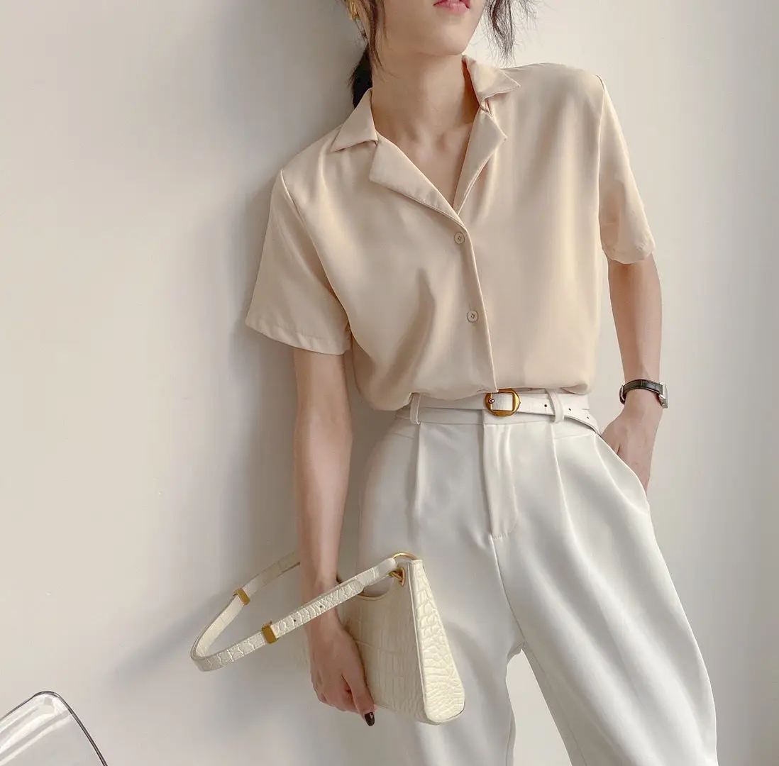 Women Summer Elegant Solid Chiffon Blouses Casual Turn Down Collar Short Sleeve Loose Shirts Korean Chic Top Female Tunic