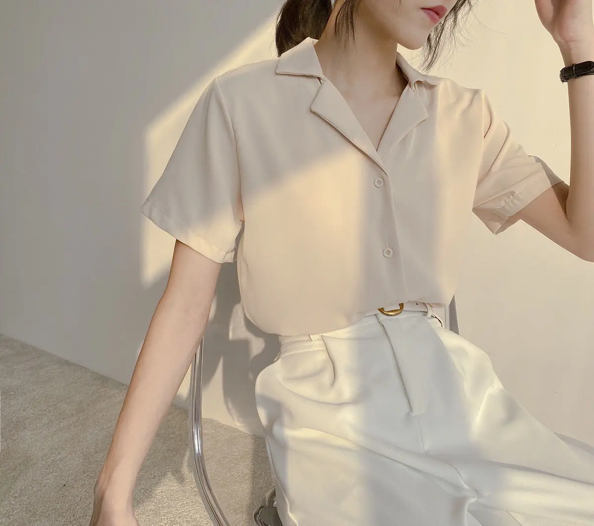 Women Summer Elegant Solid Chiffon Blouses Casual Turn Down Collar Short Sleeve Loose Shirts Korean Chic Top Female Tunic