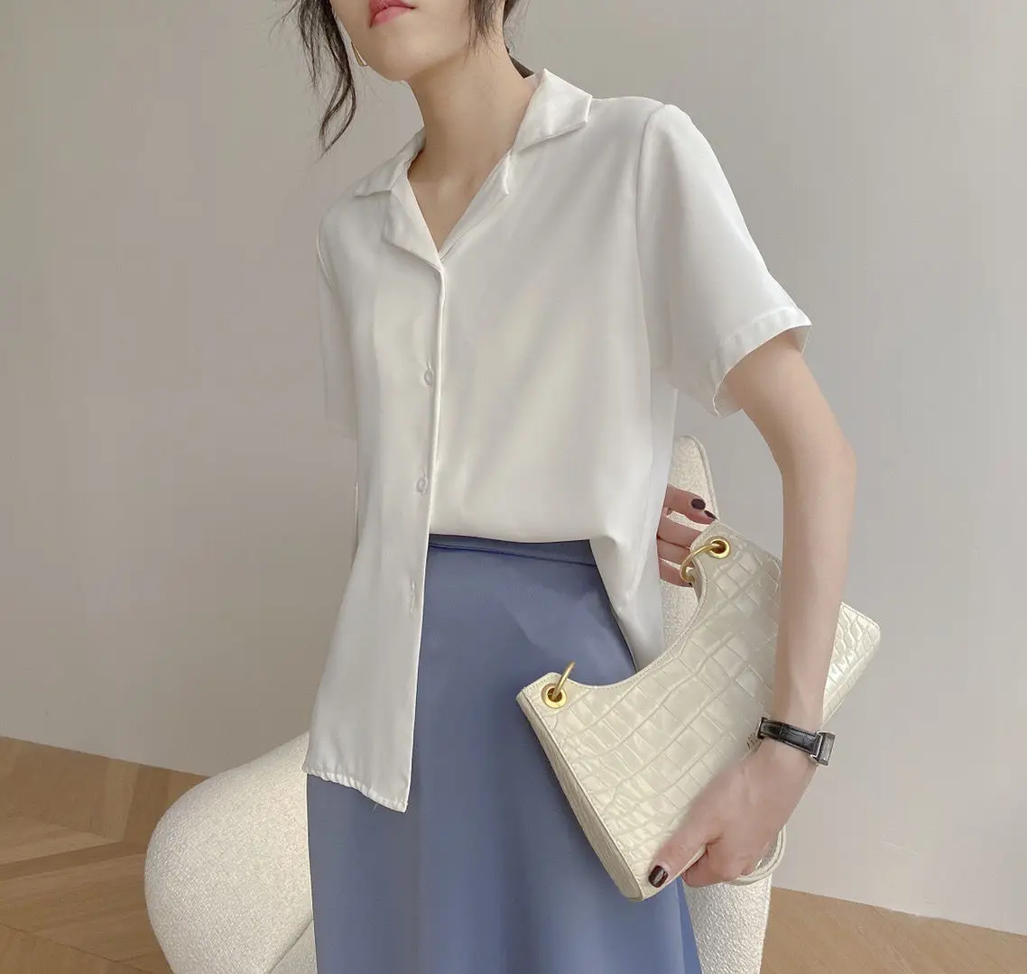 Women Summer Elegant Solid Chiffon Blouses Casual Turn Down Collar Short Sleeve Loose Shirts Korean Chic Top Female Tunic