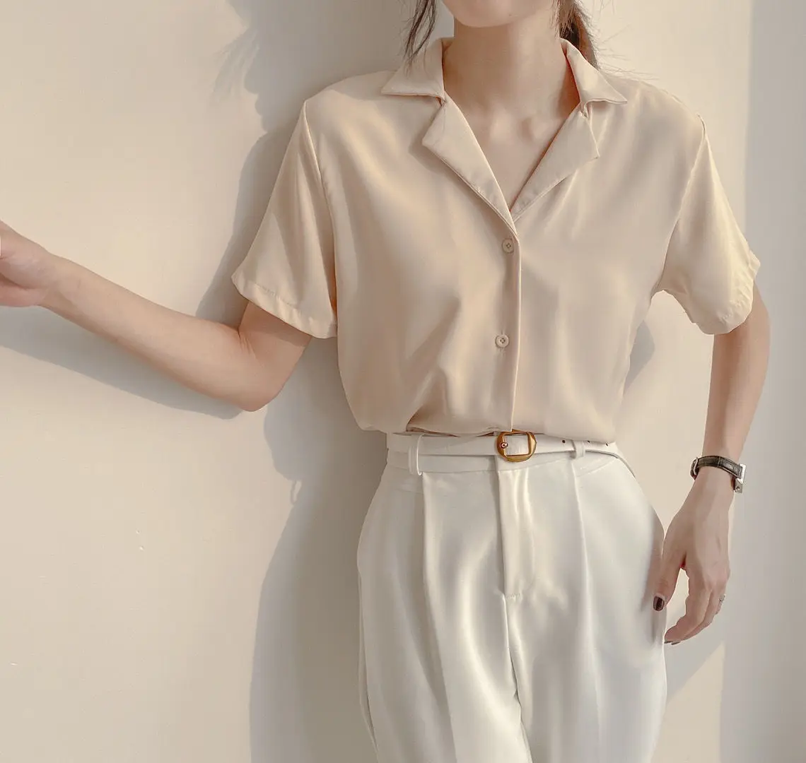 Women Summer Elegant Solid Chiffon Blouses Casual Turn Down Collar Short Sleeve Loose Shirts Korean Chic Top Female Tunic