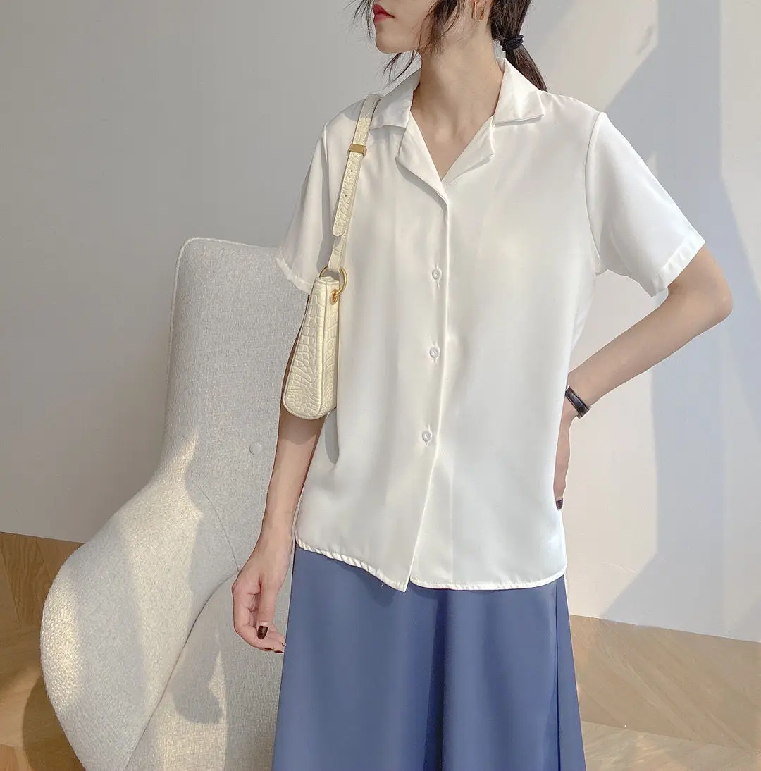 Women Summer Elegant Solid Chiffon Blouses Casual Turn Down Collar Short Sleeve Loose Shirts Korean Chic Top Female Tunic