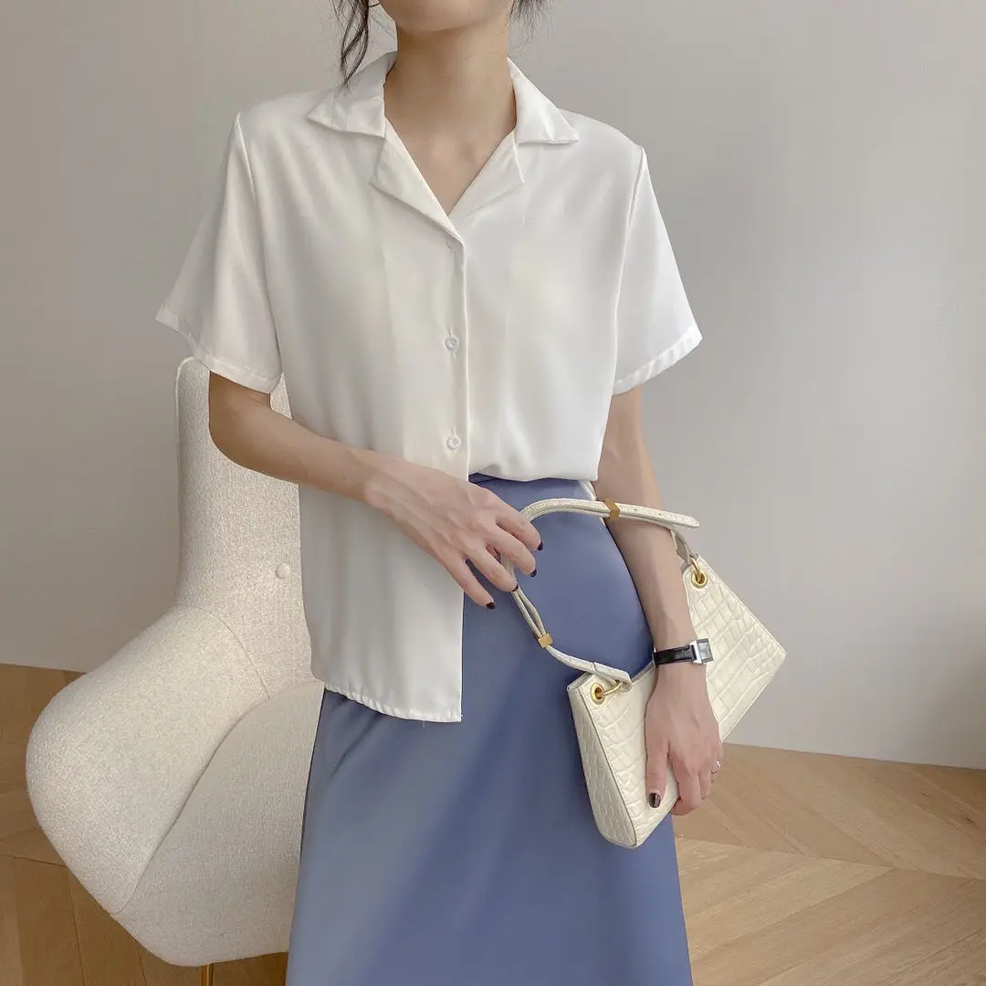Women Summer Elegant Solid Chiffon Blouses Casual Turn Down Collar Short Sleeve Loose Shirts Korean Chic Top Female Tunic