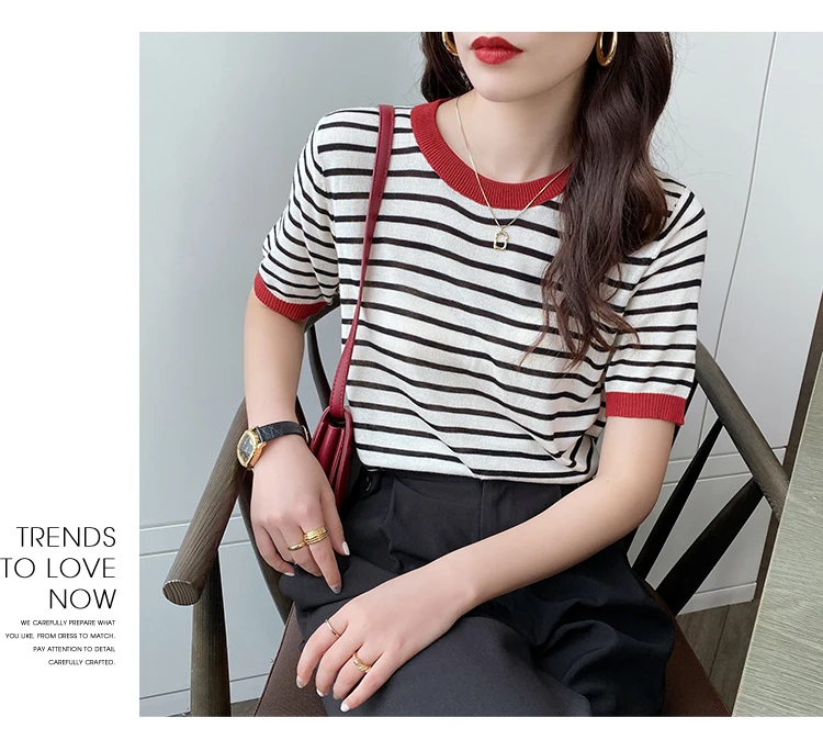 2026 Stripe Tops Women Knitted Round Collar Summer Print Short Sleeve Casual Simple Wild T-Shirt