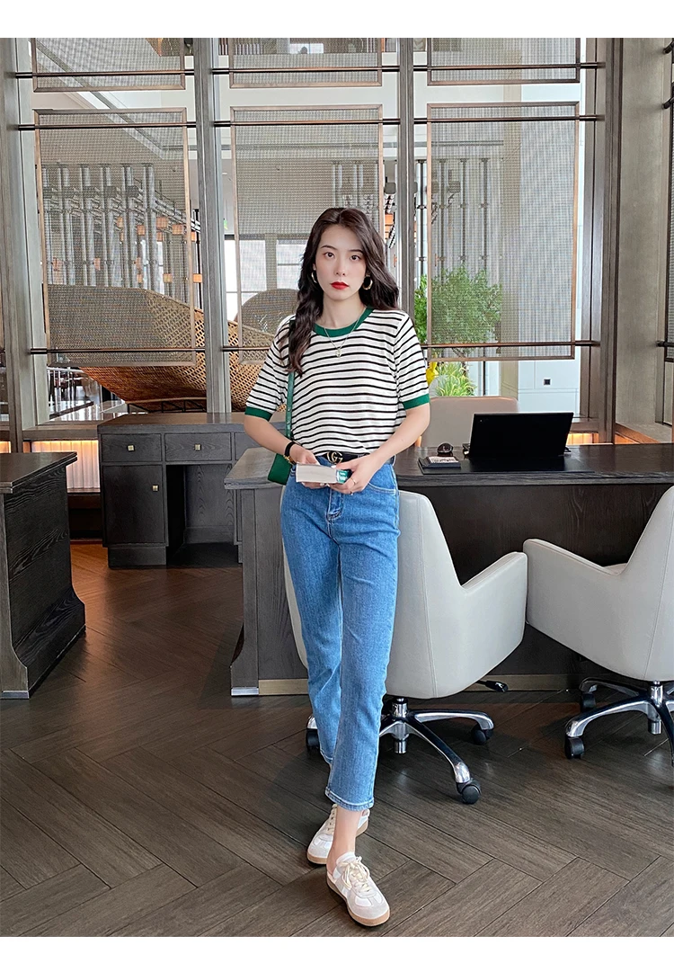 2026 Stripe Tops Women Knitted Round Collar Summer Print Short Sleeve Casual Simple Wild T-Shirt