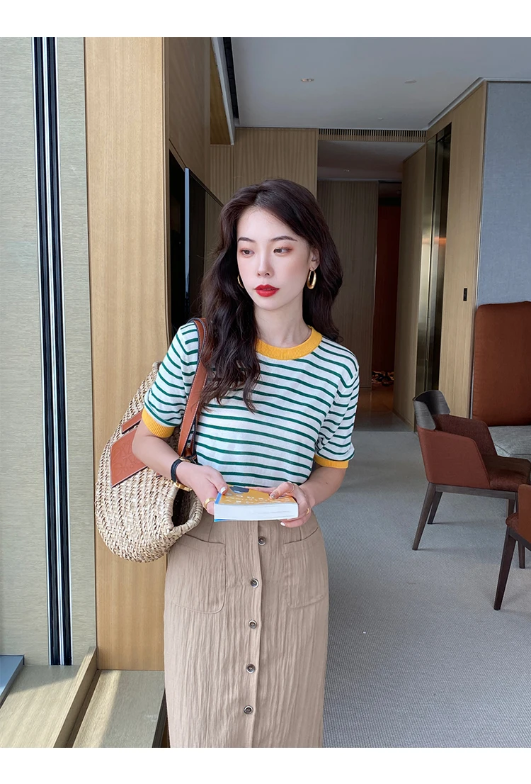 2026 Stripe Tops Women Knitted Round Collar Summer Print Short Sleeve Casual Simple Wild T-Shirt