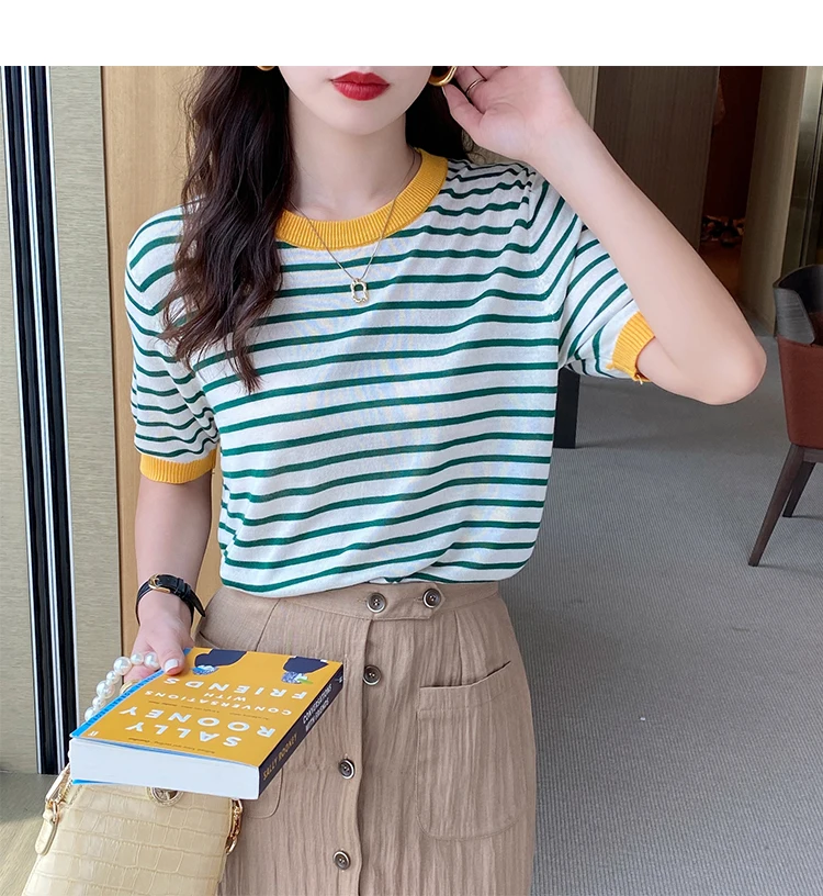 2026 Stripe Tops Women Knitted Round Collar Summer Print Short Sleeve Casual Simple Wild T-Shirt