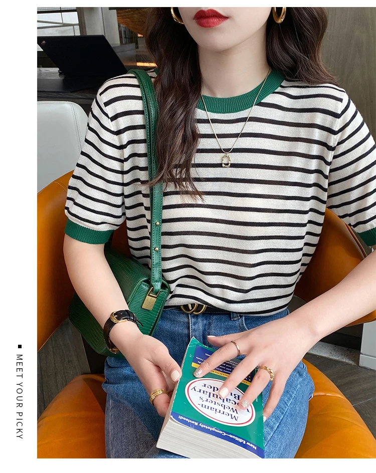 2026 Stripe Tops Women Knitted Round Collar Summer Print Short Sleeve Casual Simple Wild T-Shirt
