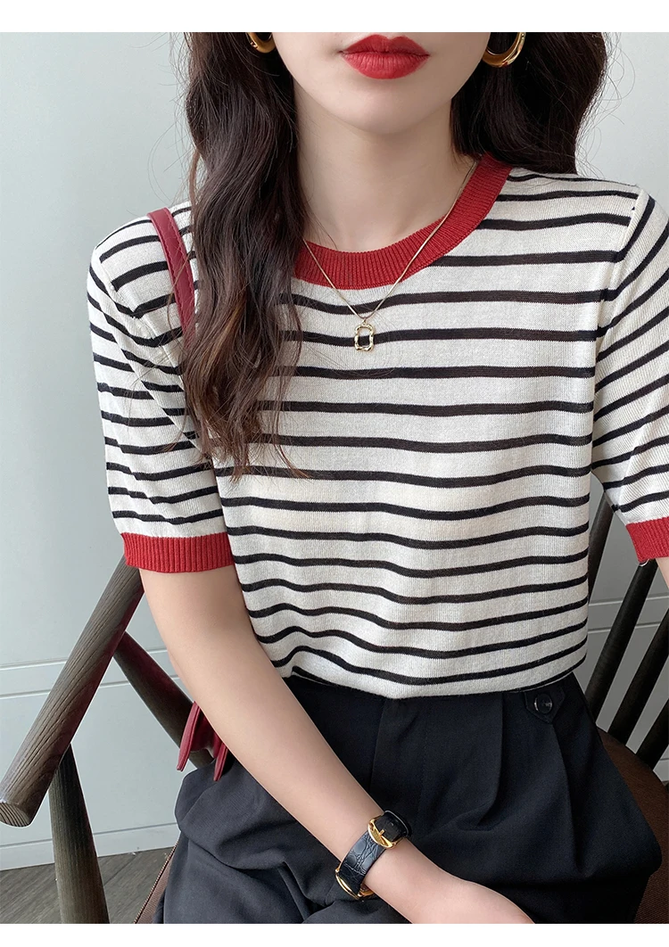 2026 Stripe Tops Women Knitted Round Collar Summer Print Short Sleeve Casual Simple Wild T-Shirt