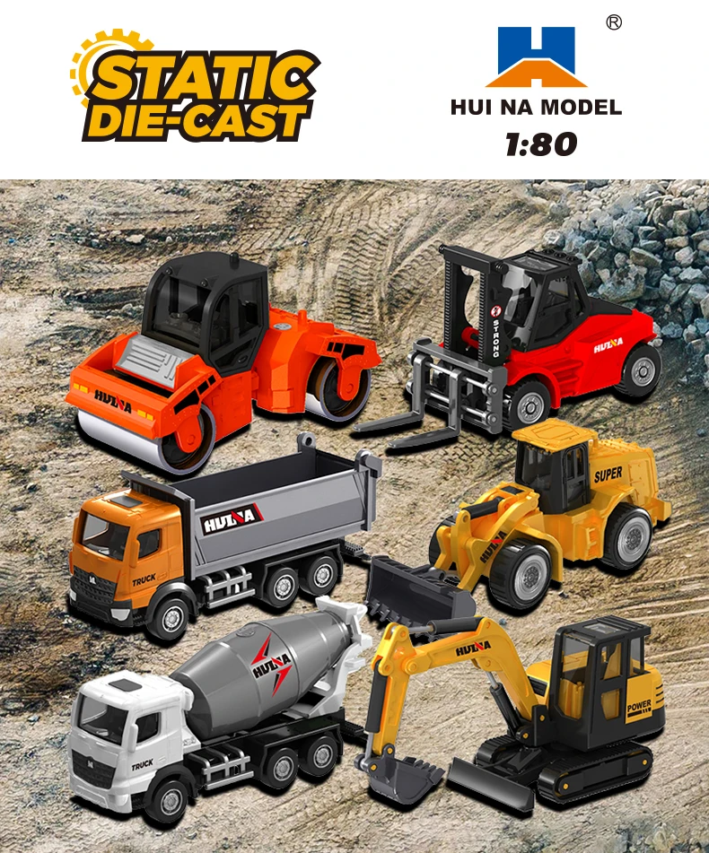 HUINA 1:80 Construction Alloy Diecast Car Model Forklift Roller Dumper Excavator Engineering Agitator Truck Toy Collection Gift