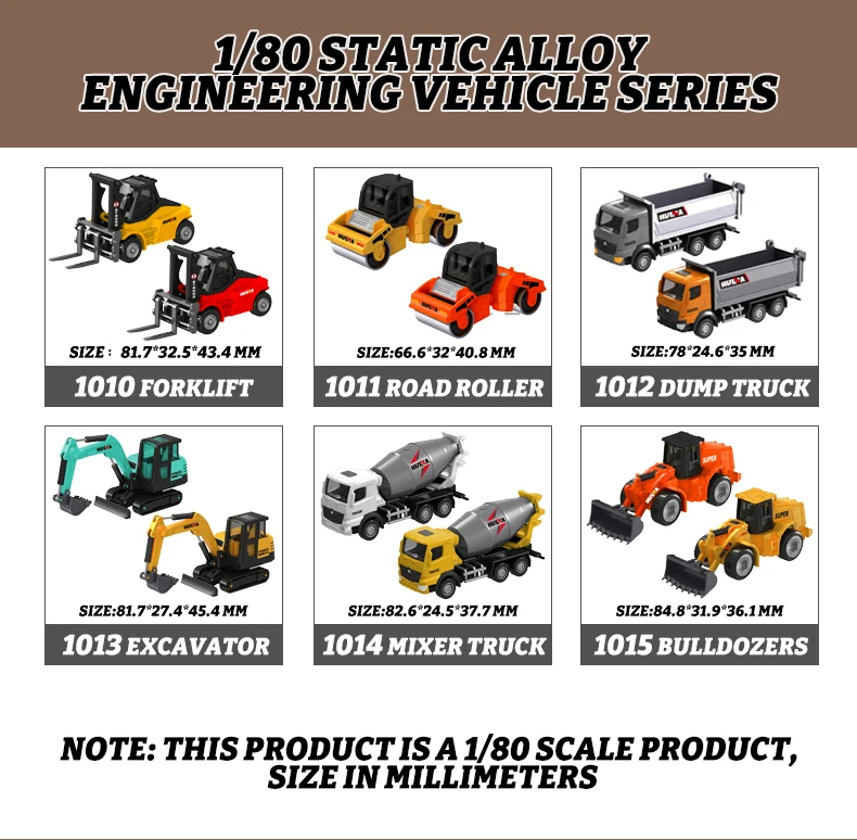 HUINA 1:80 Construction Alloy Diecast Car Model Forklift Roller Dumper Excavator Engineering Agitator Truck Toy Collection Gift