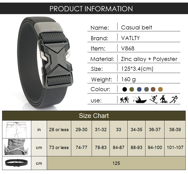 VATLTY 3.4cm Elastic Belt for Men Quick Release Metal Buckle Tactical Outdoor Casual Belt Tight Woven Thin Belt Waistband Male