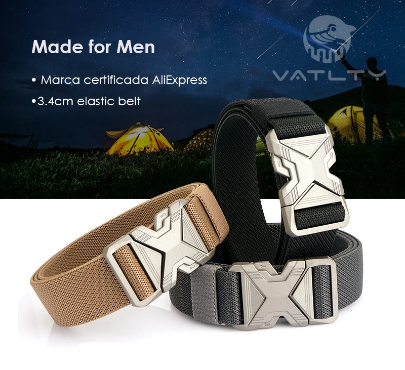 VATLTY 3.4cm Elastic Belt for Men Quick Release Metal Buckle Tactical Outdoor Casual Belt Tight Woven Thin Belt Waistband Male