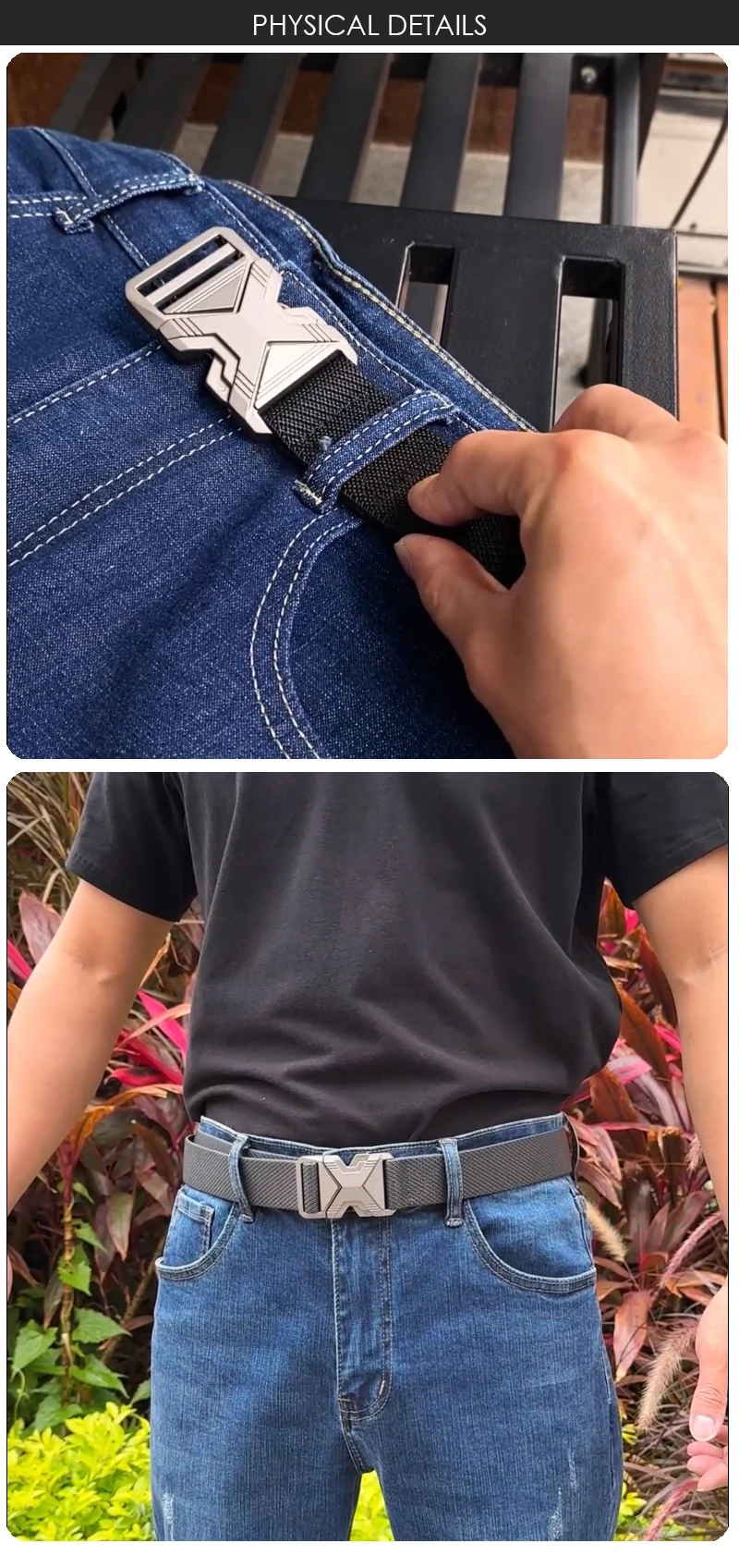 VATLTY 3.4cm Elastic Belt for Men Quick Release Metal Buckle Tactical Outdoor Casual Belt Tight Woven Thin Belt Waistband Male