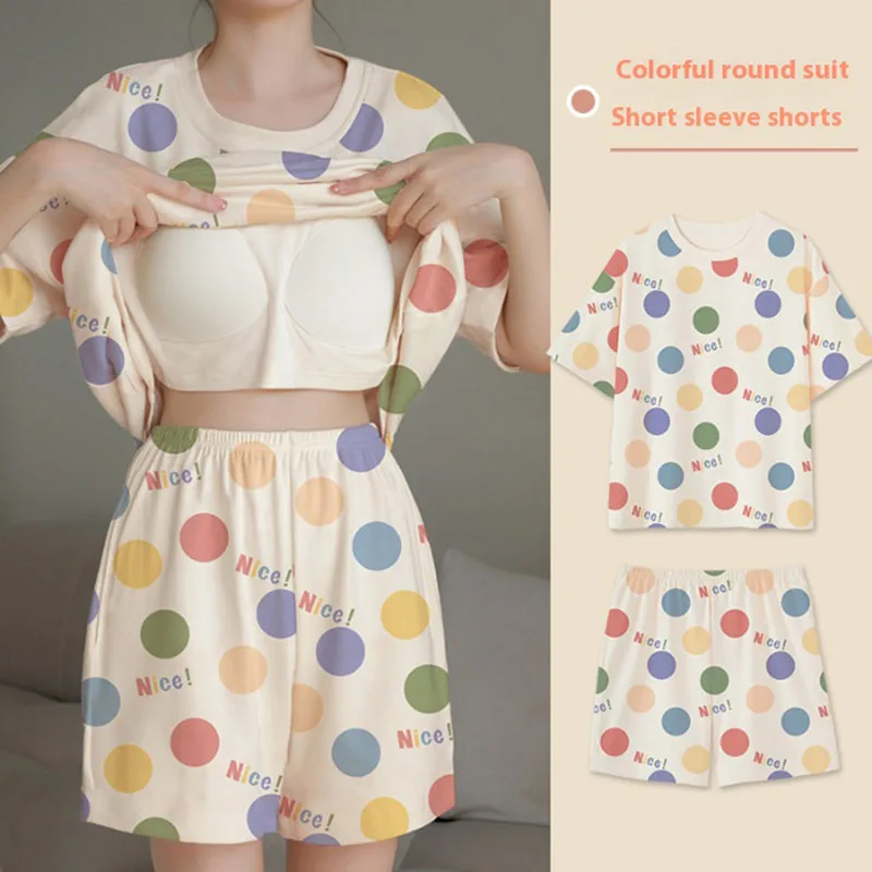 Pajamas Female Short-Sleeved Set of Sweet with Chest Cushion Korean Version of the Cartoon Students Casual Home Wear Loose Large