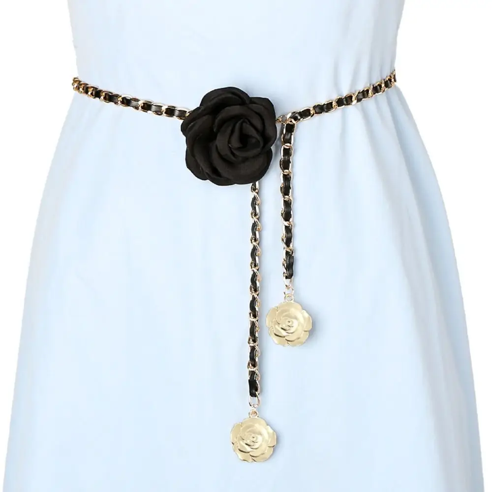 1PC Women's Fashion Camellia Waist Chain Flower Leather Metal Chain Waist Belt Versatile Decoration Pants Chain