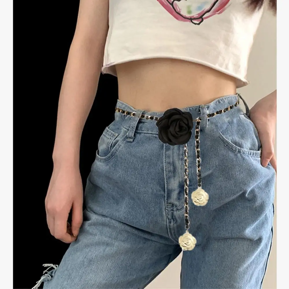 1PC Women's Fashion Camellia Waist Chain Flower Leather Metal Chain Waist Belt Versatile Decoration Pants Chain