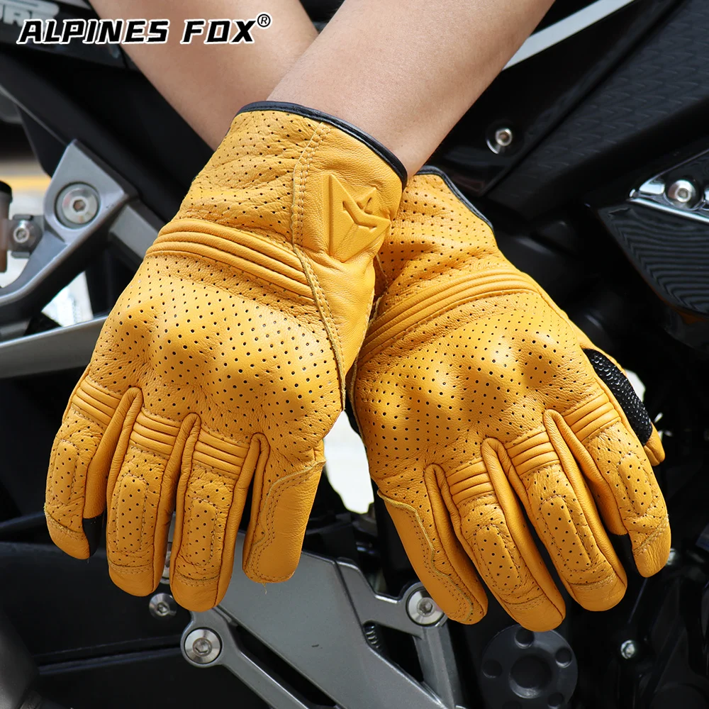 Retro Motorcycle Leather Gloves Perforated Summer Breathable Touch Screen Motobike Cycling Accessories Full Finger Protective
