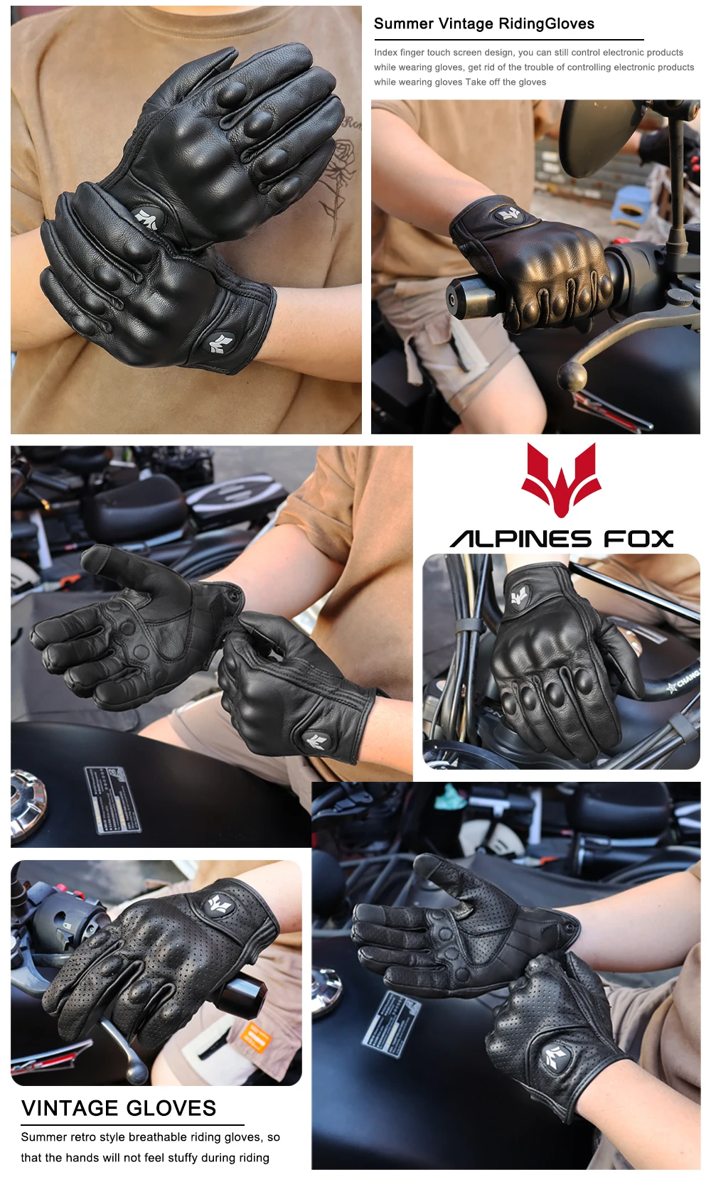 Retro Motorcycle Leather Gloves Perforated Summer Breathable Touch Screen Motobike Cycling Accessories Full Finger Protective