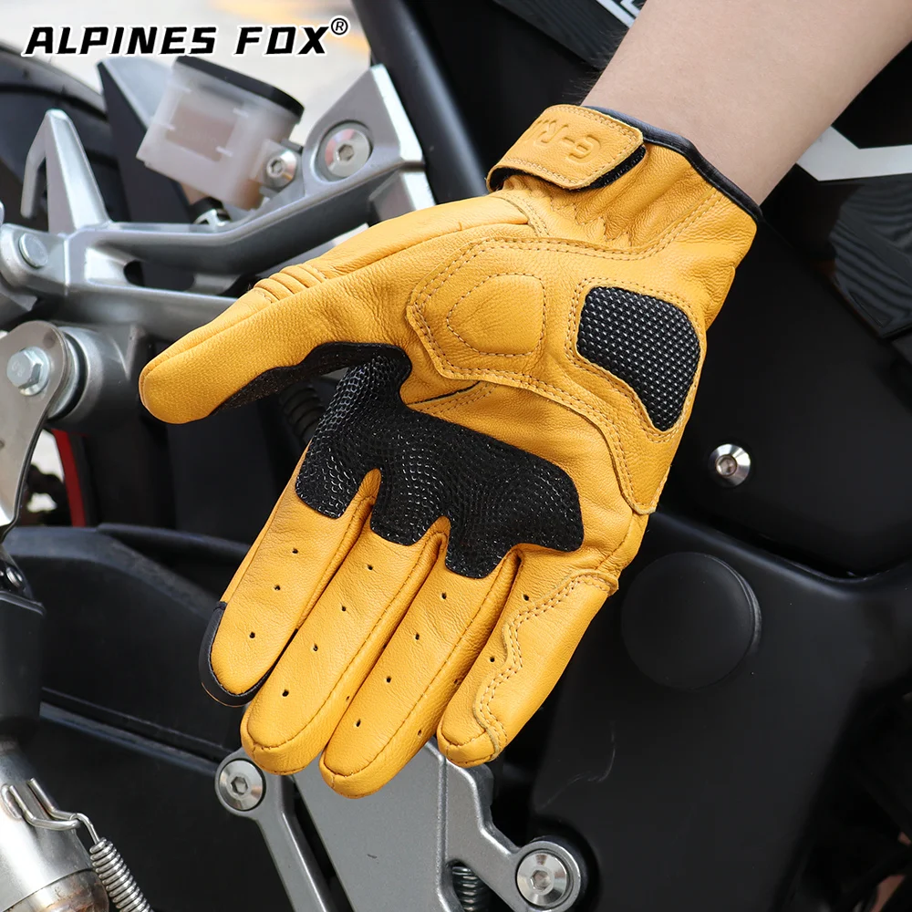 Retro Motorcycle Leather Gloves Perforated Summer Breathable Touch Screen Motobike Cycling Accessories Full Finger Protective