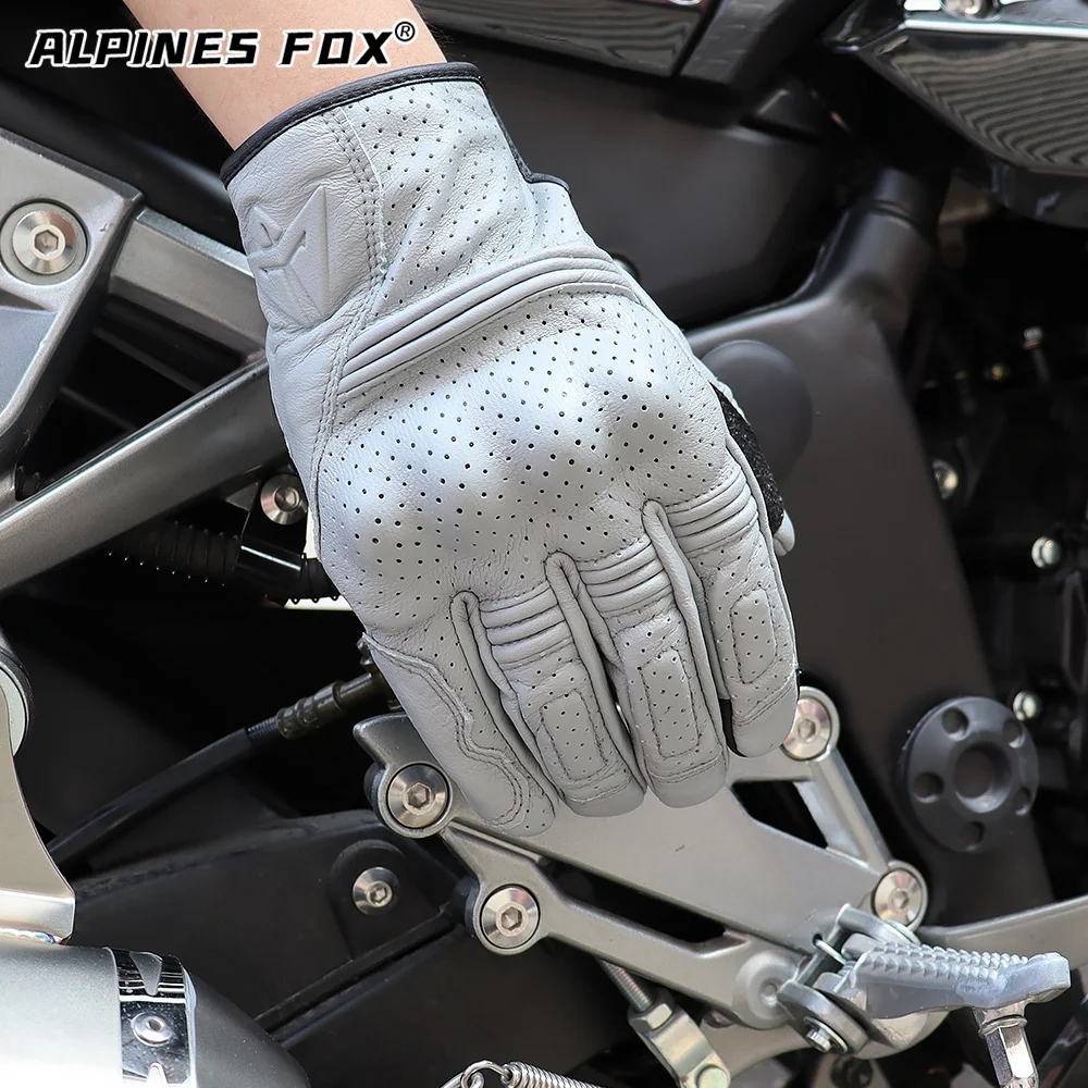 Retro Motorcycle Leather Gloves Perforated Summer Breathable Touch Screen Motobike Cycling Accessories Full Finger Protective