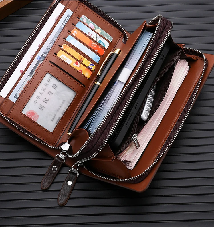 KANGAROO Brand Men Clutch Bag Fashion Leather Long Purse Double Zipper Business Wallet Black Brown Male Casual Handy Bag