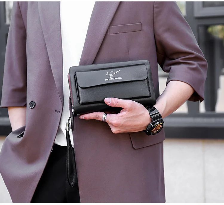 KANGAROO Brand Men Clutch Bag Fashion Leather Long Purse Double Zipper Business Wallet Black Brown Male Casual Handy Bag