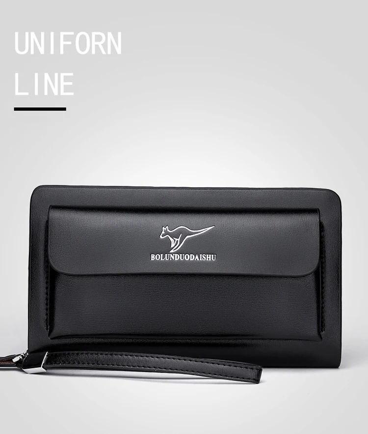 KANGAROO Brand Men Clutch Bag Fashion Leather Long Purse Double Zipper Business Wallet Black Brown Male Casual Handy Bag