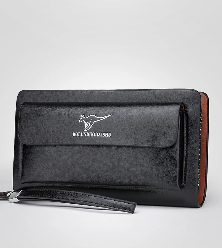 KANGAROO Brand Men Clutch Bag Fashion Leather Long Purse Double Zipper Business Wallet Black Brown Male Casual Handy Bag