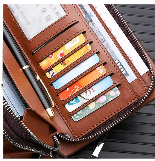 KANGAROO Brand Men Clutch Bag Fashion Leather Long Purse Double Zipper Business Wallet Black Brown Male Casual Handy Bag