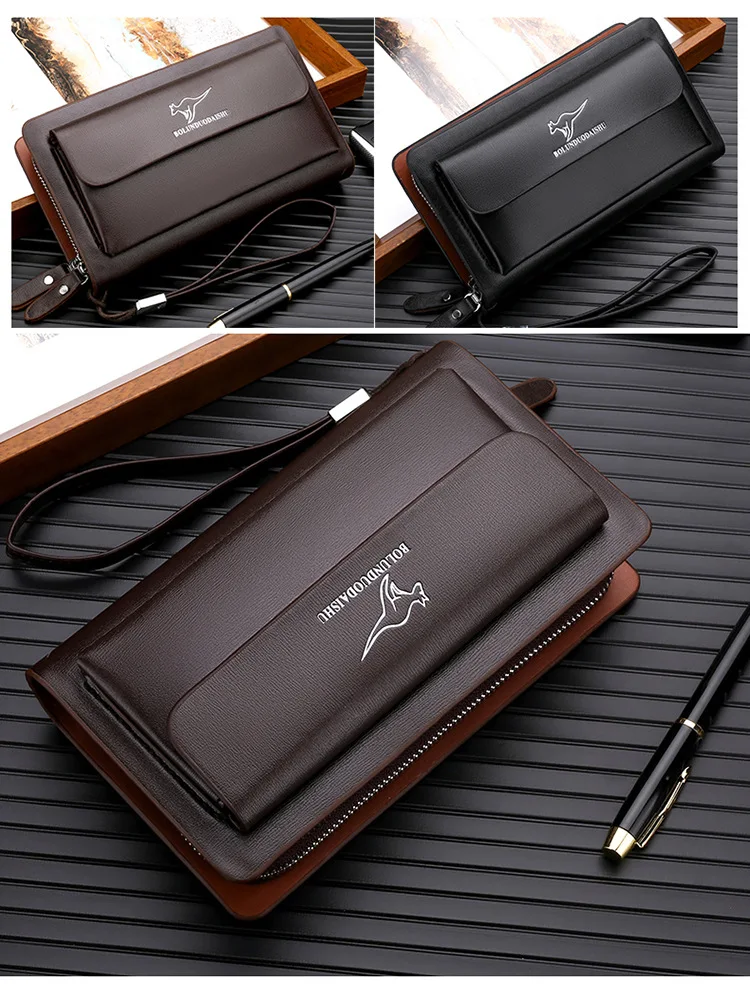 KANGAROO Brand Men Clutch Bag Fashion Leather Long Purse Double Zipper Business Wallet Black Brown Male Casual Handy Bag