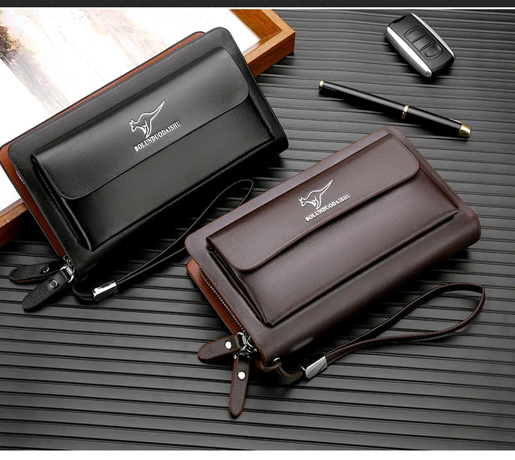 KANGAROO Brand Men Clutch Bag Fashion Leather Long Purse Double Zipper Business Wallet Black Brown Male Casual Handy Bag