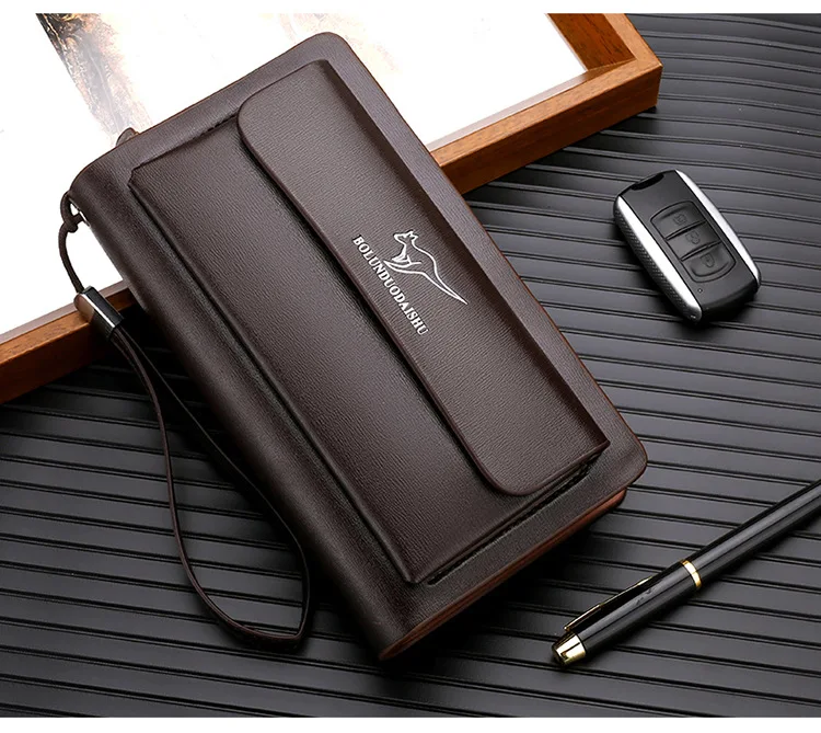 KANGAROO Brand Men Clutch Bag Fashion Leather Long Purse Double Zipper Business Wallet Black Brown Male Casual Handy Bag