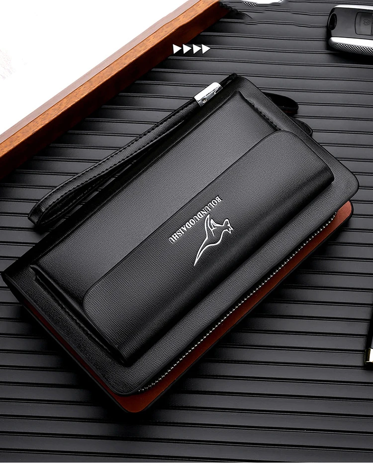 KANGAROO Brand Men Clutch Bag Fashion Leather Long Purse Double Zipper Business Wallet Black Brown Male Casual Handy Bag
