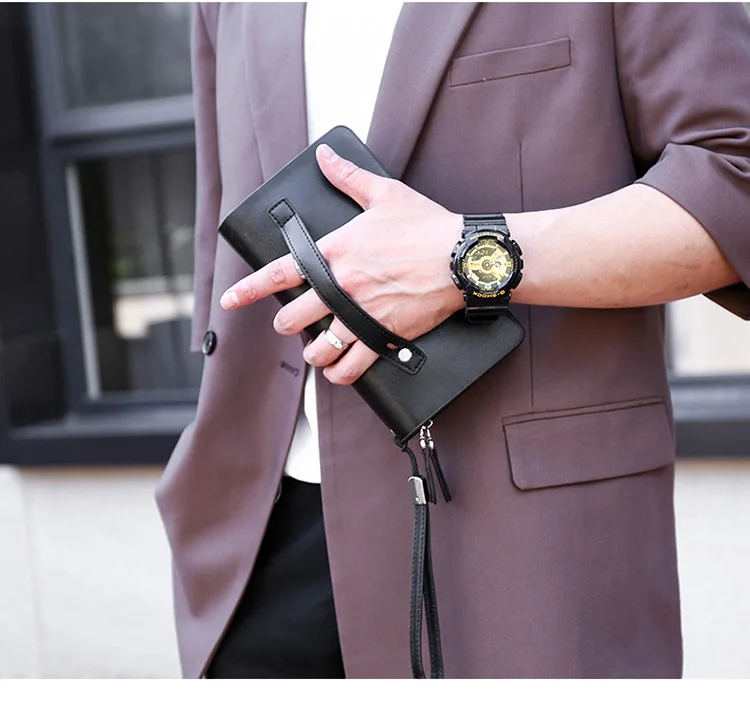 KANGAROO Brand Men Clutch Bag Fashion Leather Long Purse Double Zipper Business Wallet Black Brown Male Casual Handy Bag