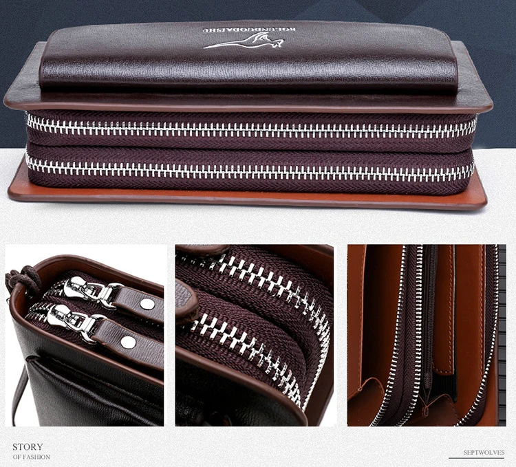 KANGAROO Brand Men Clutch Bag Fashion Leather Long Purse Double Zipper Business Wallet Black Brown Male Casual Handy Bag