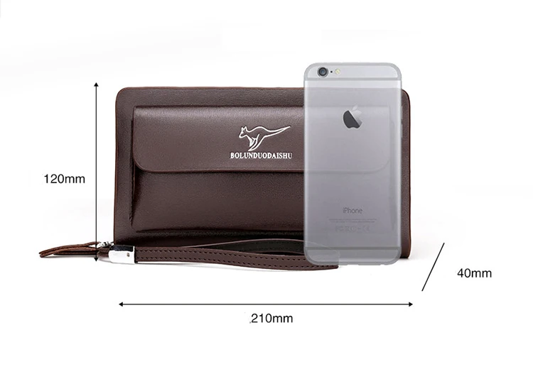 KANGAROO Brand Men Clutch Bag Fashion Leather Long Purse Double Zipper Business Wallet Black Brown Male Casual Handy Bag