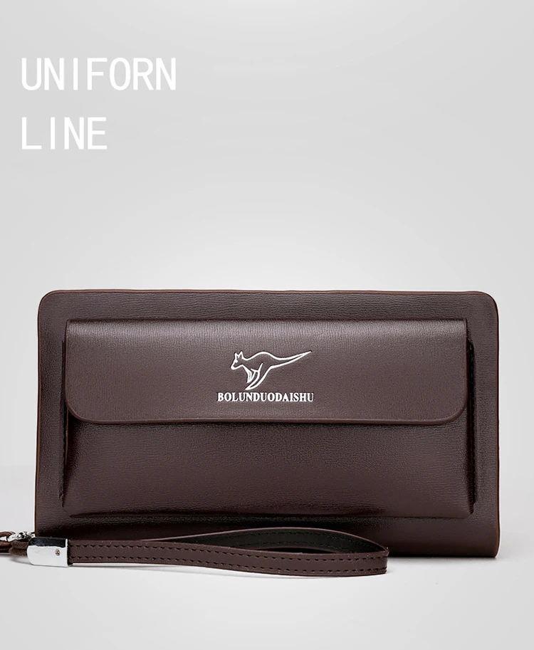 KANGAROO Brand Men Clutch Bag Fashion Leather Long Purse Double Zipper Business Wallet Black Brown Male Casual Handy Bag