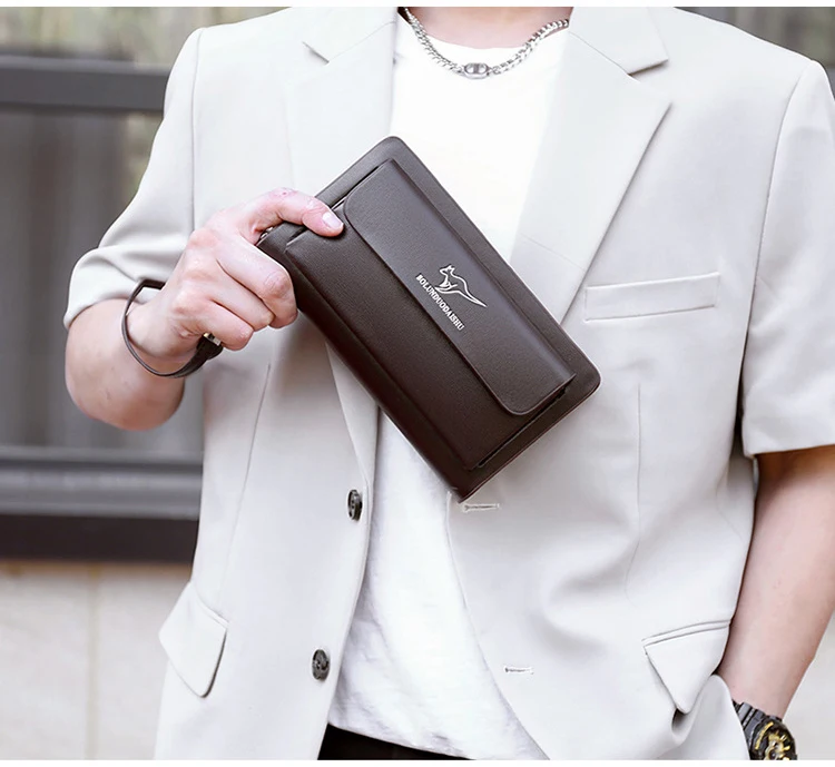 KANGAROO Brand Men Clutch Bag Fashion Leather Long Purse Double Zipper Business Wallet Black Brown Male Casual Handy Bag