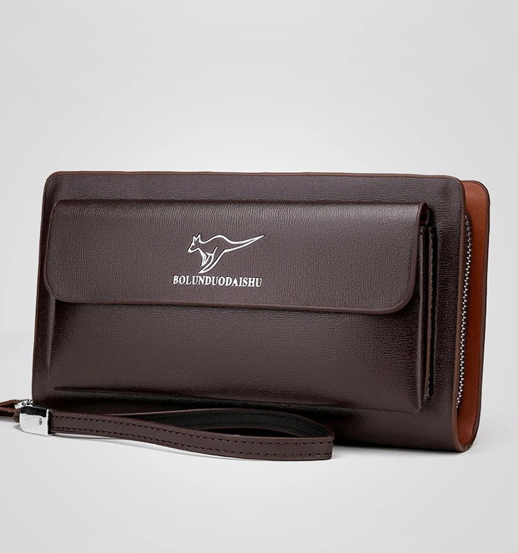 KANGAROO Brand Men Clutch Bag Fashion Leather Long Purse Double Zipper Business Wallet Black Brown Male Casual Handy Bag
