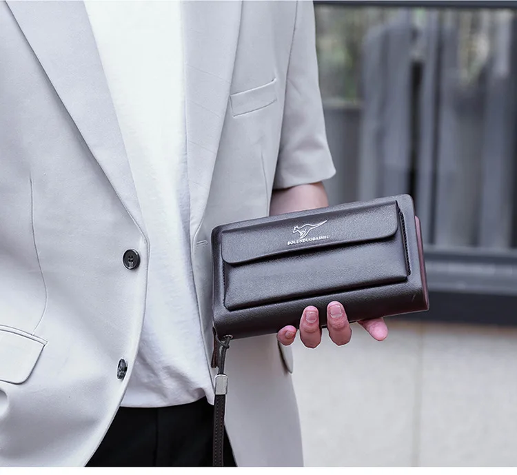 KANGAROO Brand Men Clutch Bag Fashion Leather Long Purse Double Zipper Business Wallet Black Brown Male Casual Handy Bag