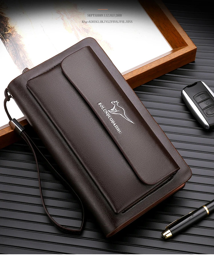 KANGAROO Brand Men Clutch Bag Fashion Leather Long Purse Double Zipper Business Wallet Black Brown Male Casual Handy Bag