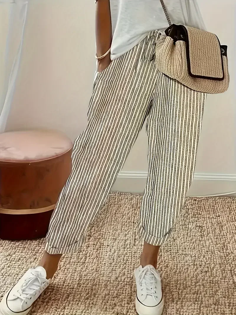 Women's Plus Size 1XL-5XL Casual Stripe Print Pants Ladies Fashion Comfortable Drawstring Waist Elastic Casual Pants