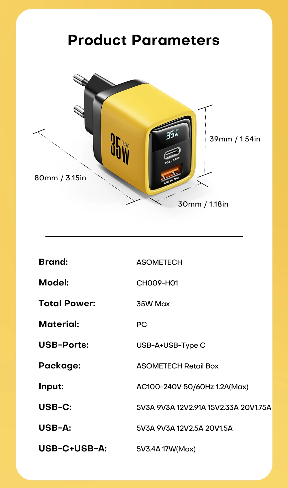 ASOMETECH 35W GaN Charger LED Display QC3.0 30W 25W PD PPS Quick Charge USB Type C Charger For iPhone 14 Pro Samsung S23 Xiaomi
