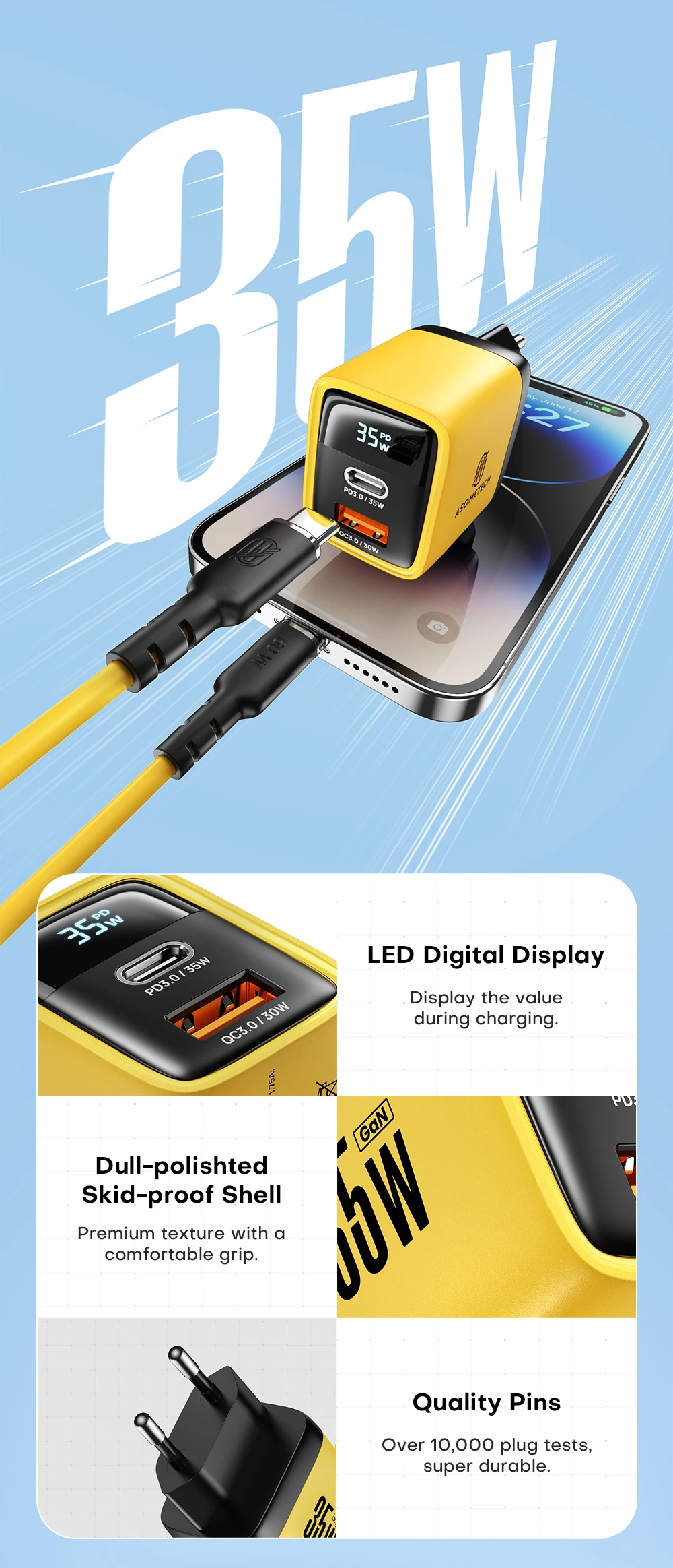 ASOMETECH 35W GaN Charger LED Display QC3.0 30W 25W PD PPS Quick Charge USB Type C Charger For iPhone 14 Pro Samsung S23 Xiaomi