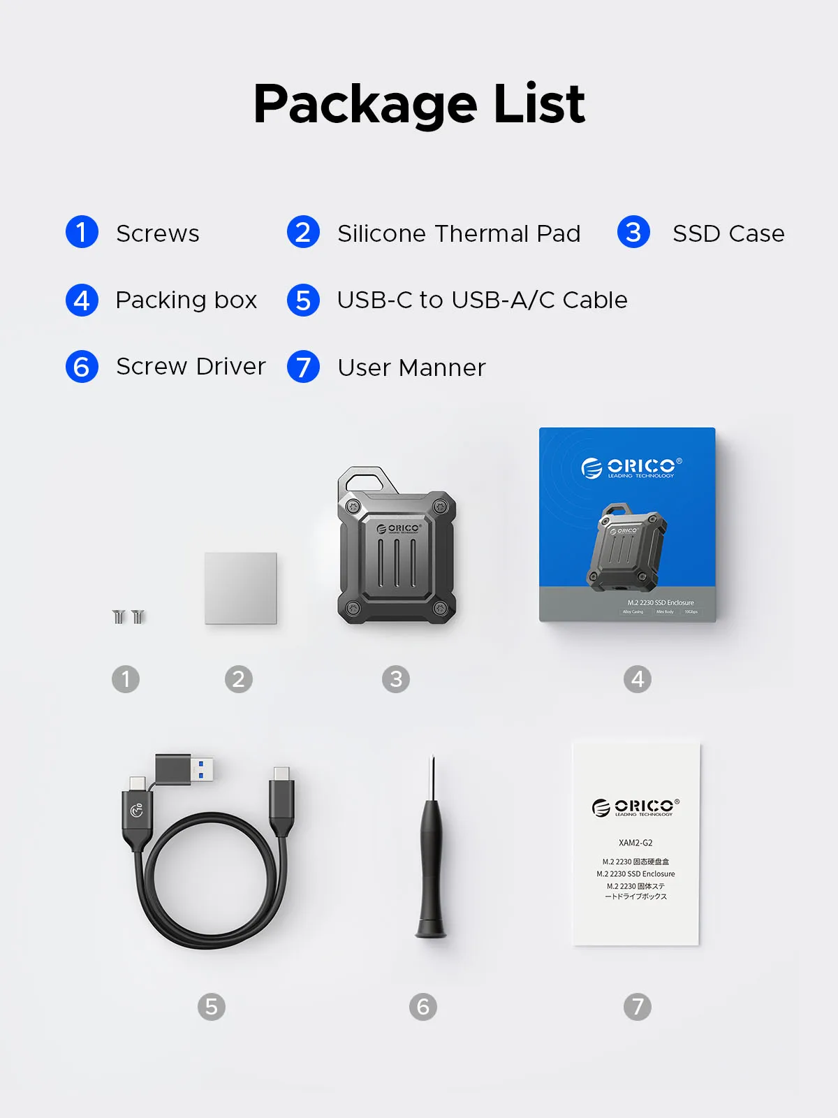 ORICO 2230 SSD Enclosure M.2 NVMe SSD Enclosure USB 3.2 Gen 2 10Gbps NVME PCI-E M-Key 2230mm External SSD Drive Enclosure