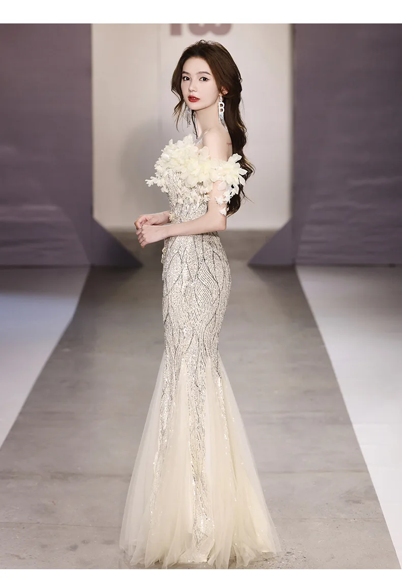 BeitifuBaby Elegant Prom Dress for Women Evening Party Off The Shoulder Sleeveless Fishtail Skirt Sequins Heavy Industry Banquet