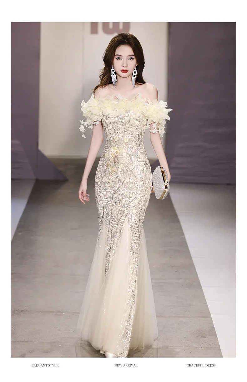 BeitifuBaby Elegant Prom Dress for Women Evening Party Off The Shoulder Sleeveless Fishtail Skirt Sequins Heavy Industry Banquet