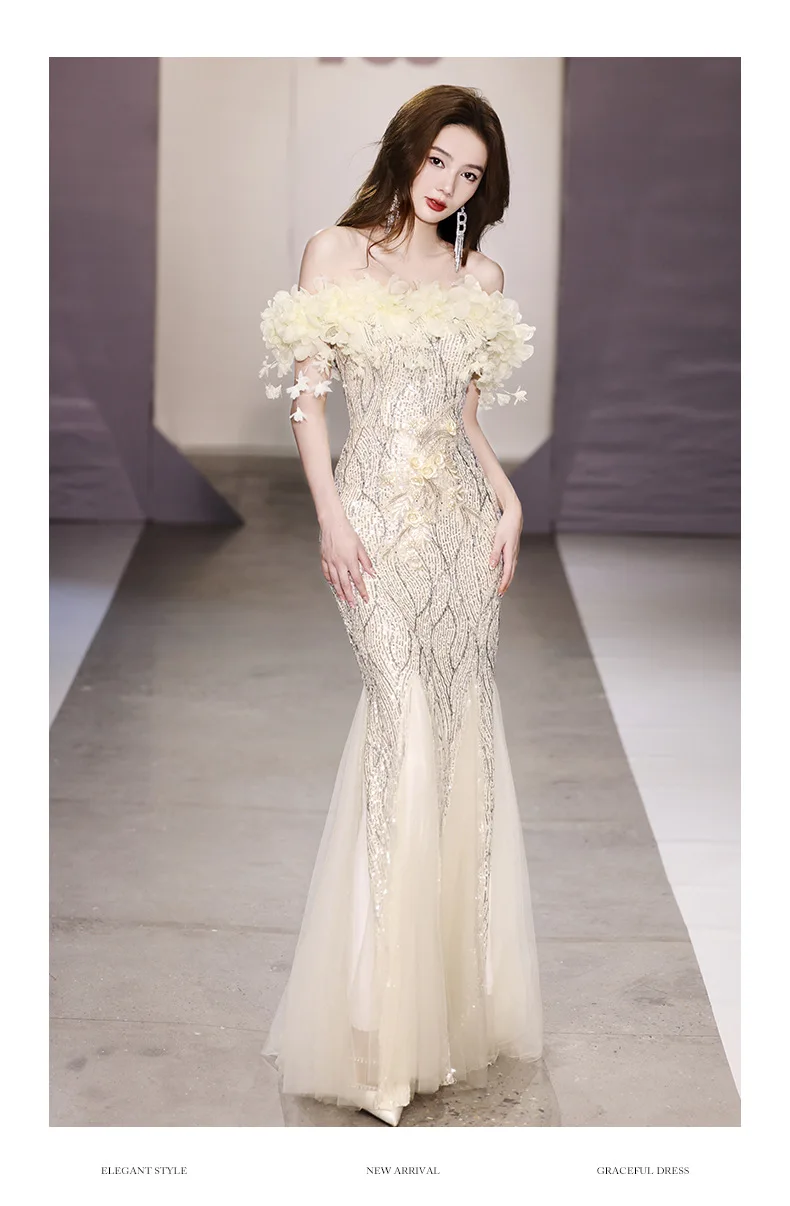 BeitifuBaby Elegant Prom Dress for Women Evening Party Off The Shoulder Sleeveless Fishtail Skirt Sequins Heavy Industry Banquet