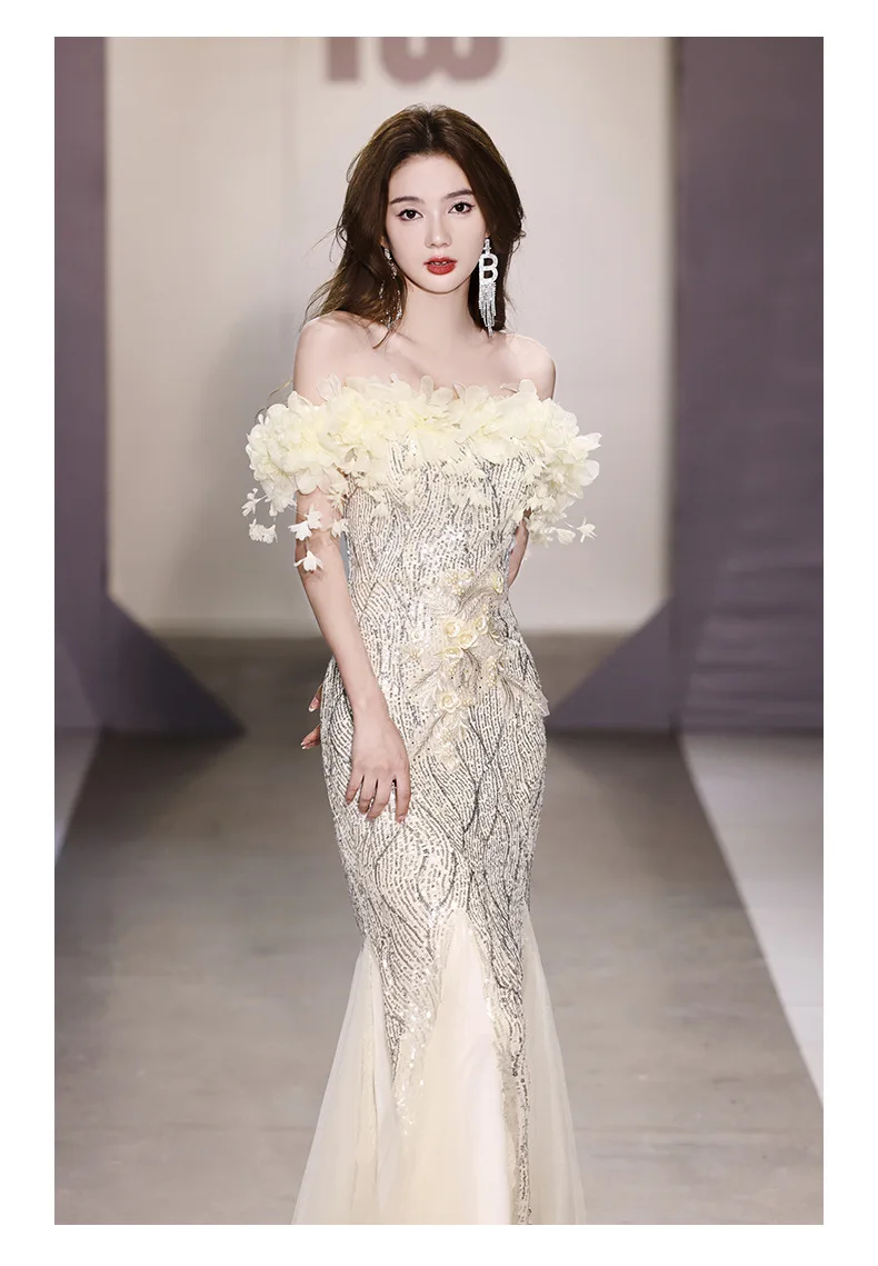 BeitifuBaby Elegant Prom Dress for Women Evening Party Off The Shoulder Sleeveless Fishtail Skirt Sequins Heavy Industry Banquet